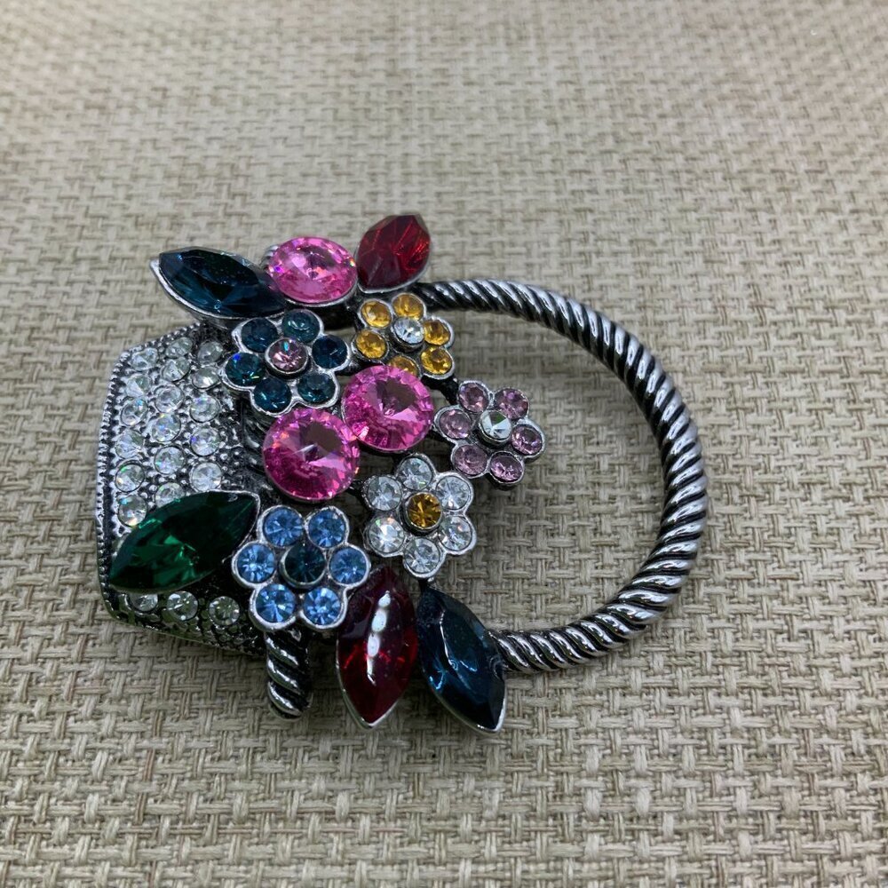 Floral Flowers Basket Multi Colored Rhinestone Silver Tone Brooch Pin - Picture 6 of 8
